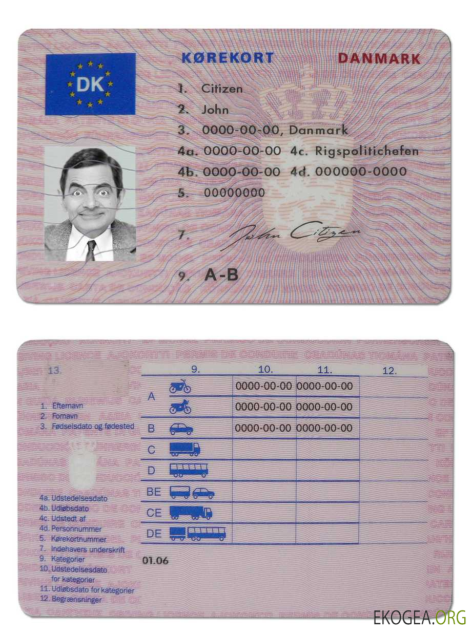 Denmark driving license template in PSD format,fully e ditable(19972013)